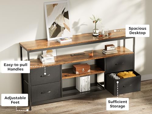 Huuger TV Stand Dresser with Power Outlets and LED Lights, 4 Drawers Entertainment Center with Shelves, 54 Inch Media Console for 55 60 Inch TV, PU Finish, Rustic Brown and Black - color: Rustic Brown and Black, size: 54 Inches