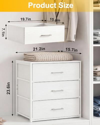 Fixwal Closet Drawers for Clothes, 1 Pack, 3 Drawers Dresser, 21.2" Wide | height 23.6", 3 fabric storage drawers, wooden top, white, spacious storage, dresser for bedroom - size: 15.7"D x 21.2"W x 23.6"H