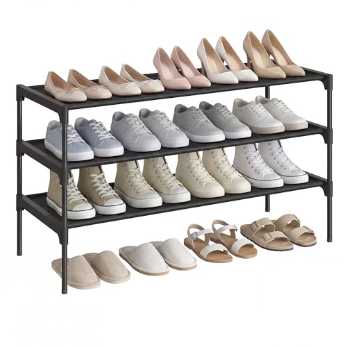 SONGMICS HOME Slim Shoe Storage Organizer, 3-Tier Metal Shoe Rack, for Hallway Closet, Non-Woven Fabric Shelves, Black - color: Black, size: 3 Tiers (11.8"D x 36.3"W)
