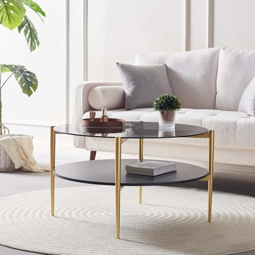 LumFurn Round Coffee Table for Living Room, Mid-Century Modern Design, D30 x H17, 2-Tier Structure, Grey Glass Top and Black Marble Finish Wood Shelf, Sleek Conical Metal Legs with Gold Finish Frame - color: D30" Grey & Black Marble