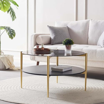 LumFurn Round Coffee Table for Living Room, Mid-Century Modern Design, D30 x H17, 2-Tier Structure, Grey Glass Top and Black Marble Finish Wood Shelf, Sleek Conical Metal Legs with Gold Finish Frame - color: D30" Grey & Black Marble