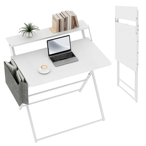 Small Desk No Assembly,31.5Inch 2-Tier Compact Computer Desk with Shelf & Side Pocket,Space Saving Foldable Table for Home Office, Bedroom or Apartment,Portable Collapsible Sturdy Laptop Desk,White - color: White
