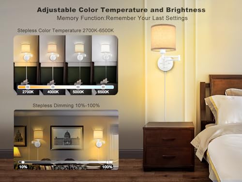 GOODATE Plug in Wall Sconces with Remote Control, Dimming, Adjustable Colors 2700K-6500K, Hardwire or Plug-in, Swing Arm Wall Lamp with Linen Fabric Shade, Wall Sconces Set of Two, White Finish - color: White & Linen