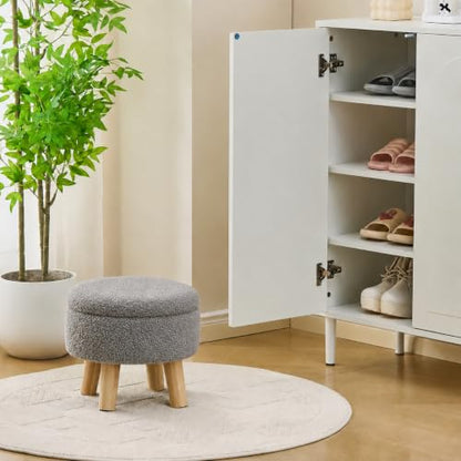 Wimarsbon Storage Ottoman, Modern Round Footrest with Soft Padded Seat, Teddy Velvet Footstool with Wood Legs, Accent Small Table or Plant Stand for Hallway, Living Room (Grey) - color: Grey