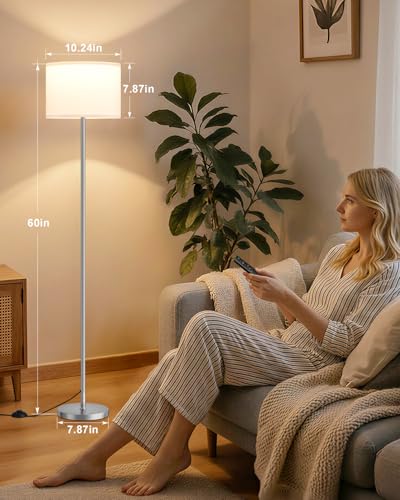 Dimmable Floor Lamp for Living Room with Remote, 9W 900LM LED Bulb Included, White Shade Silver Pole - color: silver & white
