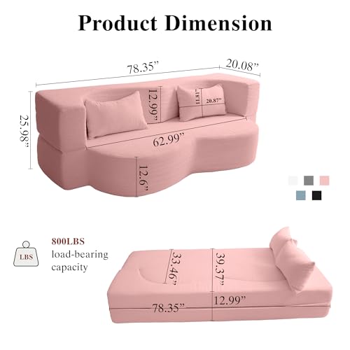 2-in-1 Folding Convertible Sofa Bed - 78 Inch Boneless Loveseat Sleeper, Foldable Floor Futon Couch with Pillow, Pull-Out Modular Matress for Small Spaces (Living Room/Bedroom/Dorm) (Pink) - color: Pink
