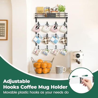 EsLuker.ly Coffee Mug Holder Cup Hanger Wall Mounted Display Rack | Metal Organizer with 12 Movable Plastic Hooks, Wood Rustic Shelf for Coffee Bar Home Kitchen, Thoughtful Wall Storage, White - style: 12 Movable Hooks White Style
