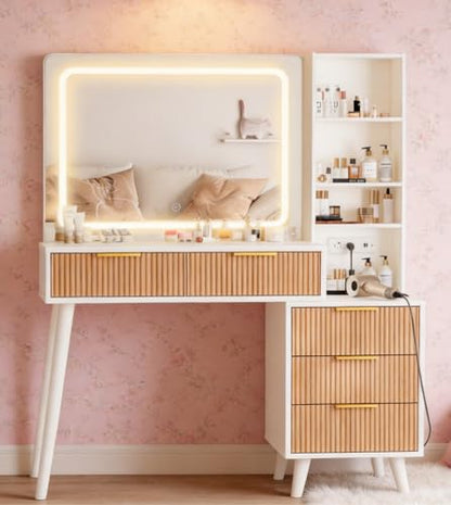 Vanity Desk with Mirror and Lights, Makeup Vanity Desk with Power Outlet, Makeup Desk with 5 Drawers Storage Shelves, Vanity Table 3 Color Modes Adjustable Brightness Dressing Table Set for Bedroom - style: Vanity-E