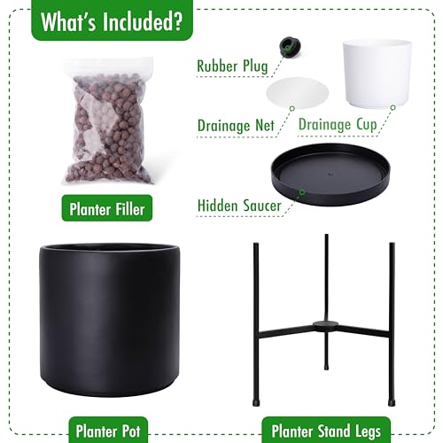 D'vine Dev Cylinder Planter Pot with Metal Stand, Black, 10 in, 96-T-B-2 | Durable Fiberclay Construction, Sleek Modern Design, Heavy-Duty Iron Stand, Drainage Hole & Saucer, Elegant Indoor Display - color: Black, size: Medium 10 Inch