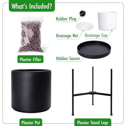 D'vine Dev Cylinder Planter Pot with Metal Stand, Black, 12 in, 96-T-B-3 | Durable Fiberclay Construction, Sleek Modern Design, Heavy-Duty Iron Stand, Drainage Hole & Saucer, Elegant Indoor Display - color: Black, size: Large 12 Inch