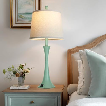 Rinweey Coastal Modern Green Table Lamps Set of 2 for Living Room, 27.5" Tall Bedside Lamp with USB Charging Port,3-Way Dimmable Touch Nightstand Lamp for Bedroom Desk Side Table Office,Green - color: Green(2 Pack)
