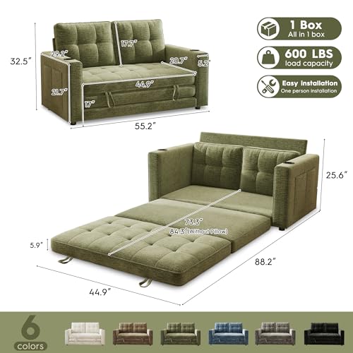 55" Convertible Folding Sofa Bed, Pull Out Couch Love Seat Sleeper Bed, Small Fold Out Loveseat sleeper with Cup Holder and Pillow for Small Space, Bedroom Lounge, Dorm, Living Room(Green Chenille) - color: Green