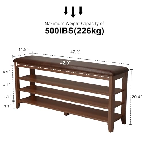 AQIMUELE Shoe Bench with Leather Cushion, 3 Tiers Shoe Storage Bench Height Adjustable, Walnut Wood Entryway Bench for Hallway, Mudroom - color: Walnut, size: 47.2"