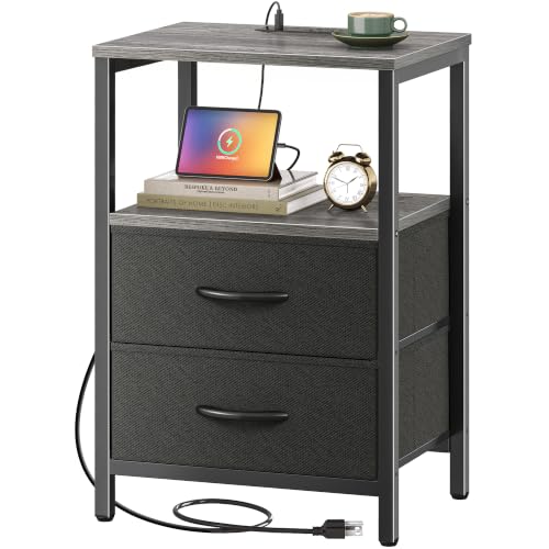 Huuger Nightstand with Charging Station, Side Table with Fabric Drawers, End Table with Open Shelf, Bedside Table with USB Ports and Outlets, Night Stand for Bedroom, Charcoal Gray | End Table with Open Shelf, Bedside Table with USB Ports and Outlets, Nig