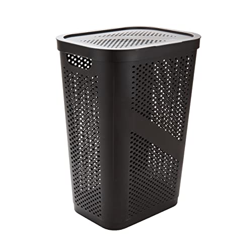 Mind Reader Slim Laundry Hamper with Lid, 60L Clothes Basket, Ventilated Plastic, Brown - color: Brown, size: Single