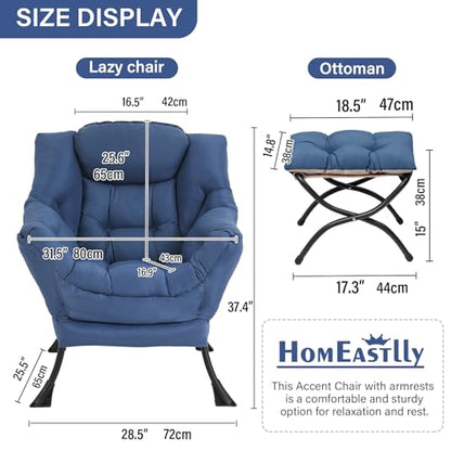Lazy Chair with Ottoman, Soft Comfy Chair for Bedroom, Blue | Reading Accent Lounge Chair with folding Foot Stool for Living Room Dorm Apartment, sturdy metal frame - color: Royal Blue