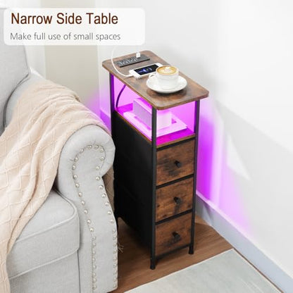 Narrow End Table with Charging Station, Small Nightstand | Skinny Side Tables Living Room with 3 Fabric Drawers, Bedside Table with LED Lights for Bedroom, Small Spaces, Rustic Brown - color: Rustic Brown + Black, size: 27.55''H (3 Drawers), style: Power