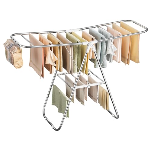 SONGMICS Clothes Drying Rack, Foldable Laundry Drying Rack, White | Sock Clips, Metal Clothes Airer with Height-Adjustable Gullwings, Space-Saving, Indoor Outdoor, ULLR505EW01 - color: White, size: 51.2"W x 39"/44.9"H