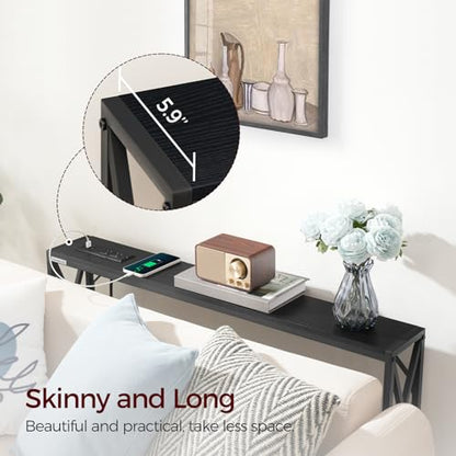 MAHANCRIS 5.9" Narrow Sofa Table with Charging Station, 39.4 Behind Couch Table with Outlet, Slim Entryway Console Table, Small Space, for Hallway, Living Room, Foyer, Black CTHB151E01 - color: Black