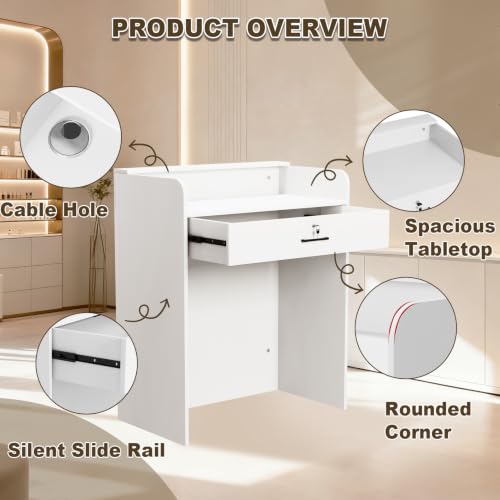 Reception Desk with Counter LED Light, Modern Front Desk with Lockable Drawer, White Retail Checkout Counter for Clothing Store Lobby Beauty Salon (White, 37.8x31.5x15.7in) - size: 37.8x31.5x17.7in