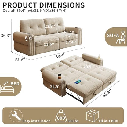 80.4" Queen Sleeper Sofa Bed, 3 in 1 Convertible Pull Out Couch with USB Ports & Cup Holders, Modern Chenille Loveseat Sofabed with Adjustable Backrest for Living Room, Bedroom, Apartment - color: Beige, style: Sofabed w/USB &Cup Holders