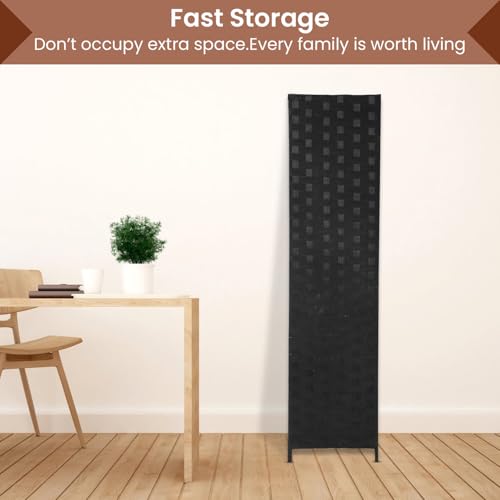 Room Divider Wall Divider 6FT 4 Panels Wood Mesh Hand-Woven Indoor Room Screen Folding Portable Partition Screen, Black - color: Black