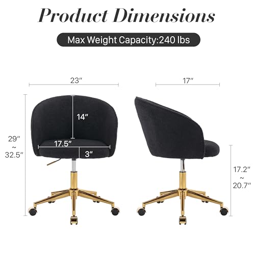 Faux Fur Makeup Vanity Chair,Home Office Desk Chair with Wheels, Blue | Fluffy Swivel Modern Armchair Upholstered Fuzzy Height Adjustable for Teens Women Girls Elegant for Living Room Bedroom - color: Round Black+golden Base
