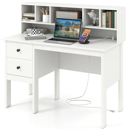 Tangkula White Desk with Drawers & Hutch, Modern Home Office Desk Writing Study Desk with Charging Station, Laptop Desk with 5 Storage Compartments, Computer Workstation Makeup Vanity Desk - color: White