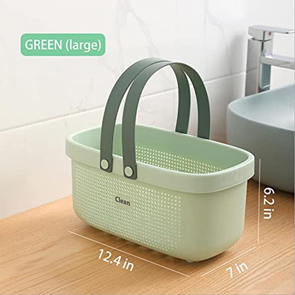 JiatuA Plastic Storage Basket with Handle Portable Shower Caddy Tote Organizer Basket Bin for Bathroom Kitchen Dorm Room Bedroom, Green | Sturdy Drainage Large Capacity Organizer Basket with Silicone Handles for Bathroom Kitchen Bedroom College Dorm Essen