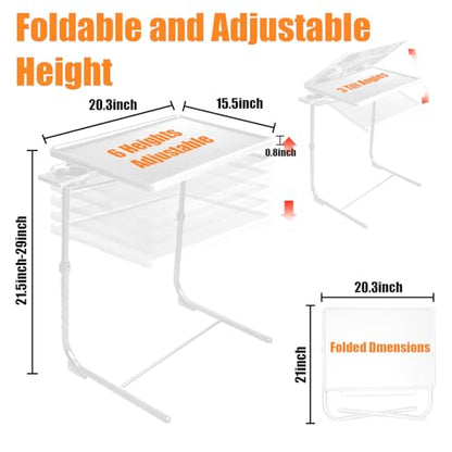Adjustable TV Tray Tables Set of 2, Folding with Cup Holders, White | 6 height settings and 3 tilt angles for dining, reading or laptop use; portable fold-flat design suits couches and recliners