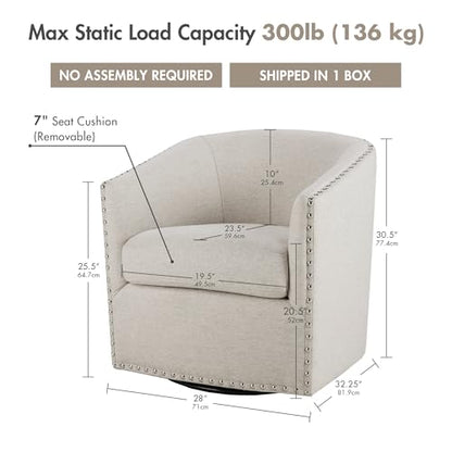 Madison Park Swivel Barrel Accent Chair, Upholstered Curved Back with 7-Inch Thick Woven Cushion, 360° Swivel, Nailhead Trim, Comfy Chair for Living Room, Bedroom, Office, 28" Wide, Neutral, Tyler - color: Natural Multi