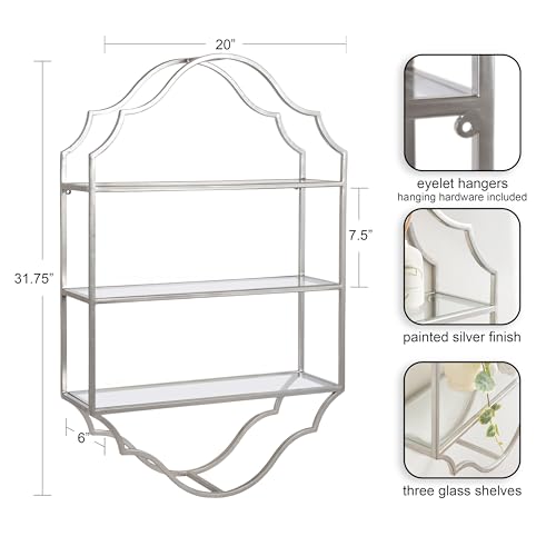 Kate and Laurel Leanna Three-Tiered Wall Shelf; 20 x 32; Silver; Decorative Floating Shelf Storage and Wall Organizer for Bathroom Over Toilet Storage or Display
