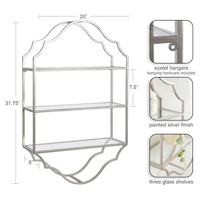 Kate and Laurel Leanna Three-Tiered Wall Shelf; 20 x 32; Silver; Decorative Floating Shelf Storage and Wall Organizer for Bathroom Over Toilet Storage or Display