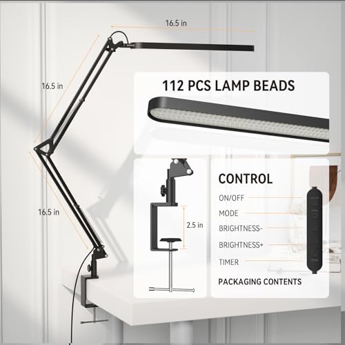 Desk Lamp for Home Office, Eye Comfortable LED Desk Light for Long Hours, Adjustable Swing Arm with Memory Function, Black - style: Black swing arm