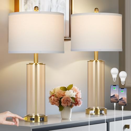 26" Modern Brown Glass Table Lamps Set of 2, Bedside Lamp with USB A+C Ports & AC Outlet, Living Room Lamps with 3-Way Dimmable Touch Control, Stylish Bedside Lamp for Bedroom Nightstand Dining Table - color: Brown