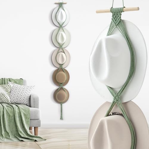 Macrame Hat Hangers Racks Boho Cowboy Hats Holders Western Display Organizer Storage decor Back of Door for Wall(Sage Green,Five Hats Style) - color: Sage Green, style: Five Hats Style