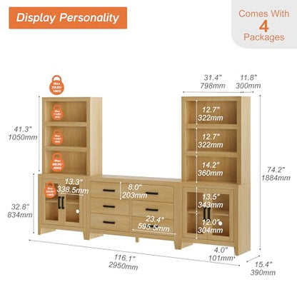 WAMPAT Farmhouse Entertainment Center with Bookshelves, TV Stand Set with Glass Doors & 6 Drawers, Wood Media Console for Living Room, Bedroom, Oak - color: Oak