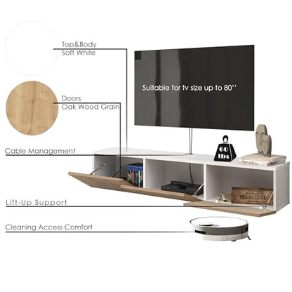Atelier Mobili Oak TV Console, Wall Mounted TV Stand for Up to 75 Inch TV, Entertainment Center with Floating Shelf - color: Sapphire Oak & White