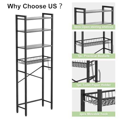 Kalrin Over-The-Toilet Storage Rack, 4-Tier Bathroom Organizer Shelf Over Toilet with Adjustable Shelf and Basket, Freestanding Space Saver Bathroom Shelves Above Toilet for Room (Pure Gray) - color: Pure Gray