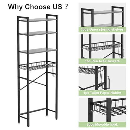 Kalrin Over-The-Toilet Storage Rack, 4-Tier Bathroom Organizer Shelf Over Toilet with Adjustable Shelf and Basket, Freestanding Space Saver Bathroom Shelves Above Toilet for Room (Pure Gray) - color: Pure Gray