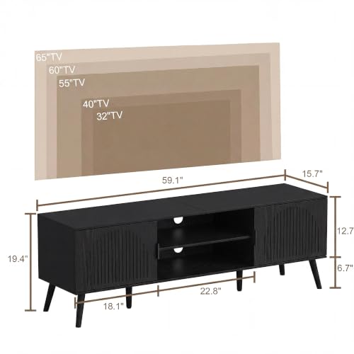 ChooChoo TV Stand with Open Shelves for 65 Inch TVs, Mid Century | 15.7"D x 59.1"W x 19.4"H, Entertainment Center with Storage Cabinet, 2 Cable Holes, for Living Room, Bedroom, Black - color: Black, size: 15.7"D x 59.1"W x 19.4"H
