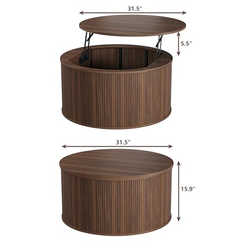 HUAHUU Round Coffee Table with Storage, 31.5" Lift Top Coffee Table, Mid Century Modern Coffee Tables for Living Room, Apartment Office, Fluted Table with Rustic Wood Desktop, Walnut