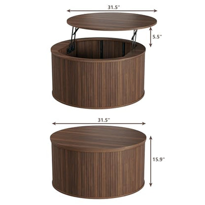 HUAHUU Round Coffee Table with Storage, 31.5" Lift Top Coffee Table, Mid Century Modern Coffee Tables for Living Room, Apartment Office, Fluted Table with Rustic Wood Desktop, Walnut