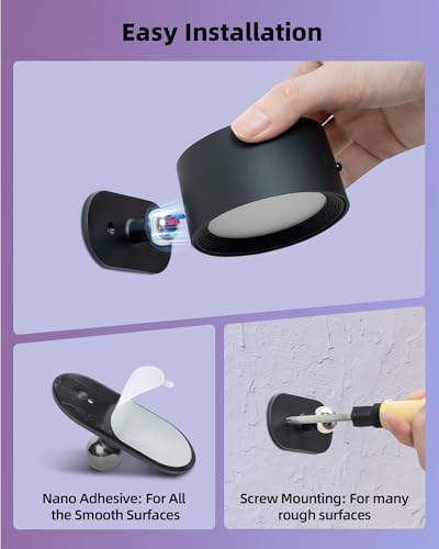 LED Wall Mounted Lights, Rechargeable Wall Sconces, 3 Color Temps, Remote & Touch, 360° Rotating and Dimmable for Bedroom, Bedside & Reading (Black-RGB, 2 Pack) - color: Black-RGB