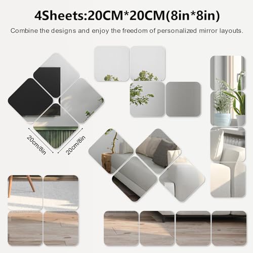 Shiftshade Wall Stickers - Unbreakable Self-Adhesive Mirror Tiles for Bedroom, Home, Gym, Door - Acrylic Shatterproof Sheets, Panels (8x8 Inch, 4 Pcs) - size: 8x8inchx4pack