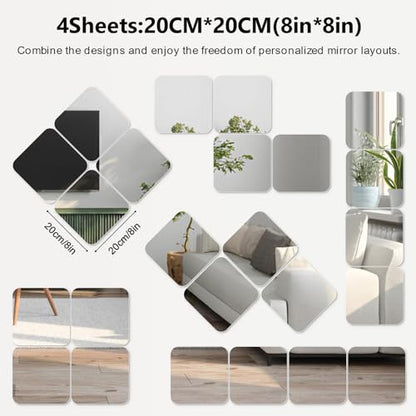 Shiftshade Wall Stickers - Unbreakable Self-Adhesive Mirror Tiles for Bedroom, Home, Gym, Door - Acrylic Shatterproof Sheets, Panels (8x8 Inch, 4 Pcs) - size: 8x8inchx4pack