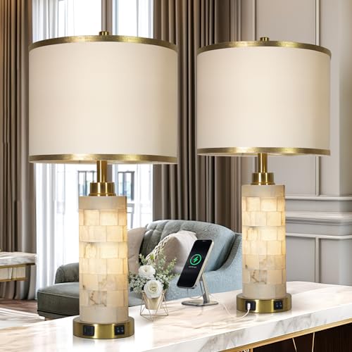 KIVDITZO 27" Alabaster Table Lamps Set of 2 for Living Room Bedroom | Bedside Lamps with Night Light, Nightstand Lamp with USB A+C Ports, Modern Table Lamp with Linen Shade, Bulbs Included - color: White