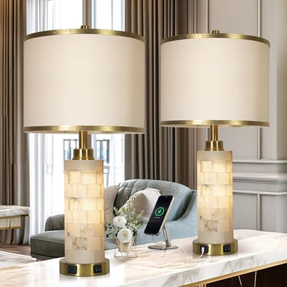 KIVDITZO 27" Alabaster Table Lamps Set of 2 for Living Room Bedroom | Bedside Lamps with Night Light, Nightstand Lamp with USB A+C Ports, Modern Table Lamp with Linen Shade, Bulbs Included - color: White