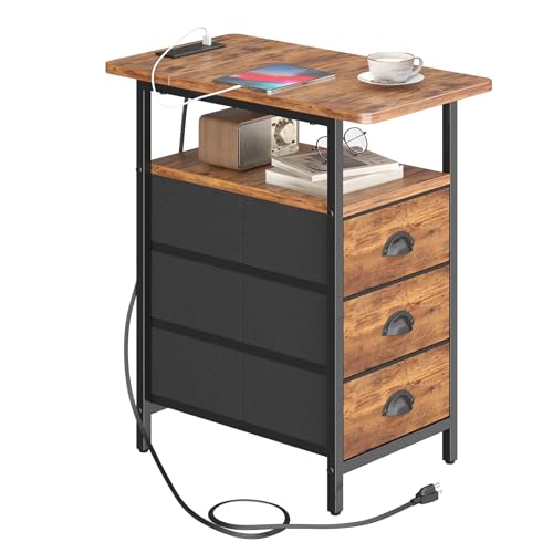 sthmec End Table with Charging Station, Side Tables Livingroom with USB Ports and Outlets,Narrow Nightstands Bedside Tables with 3 Drawers for Small Space,Slim Sofa Table Bedroom,Rustic Brown - color: Rustic Brown, size: 11.75'' W*21'' D* 24.3'' H, style: