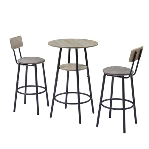 23.6” Diameter Round Bar Table Set for 2 with Storage Shelf, Counter Height Pub Table and Chairs, Small Round Kitchen Table with Backrest Stools for Small Spaces, Breakfast Nook Dining Table - color: Grey, style: Round w/ Upholstered Stool